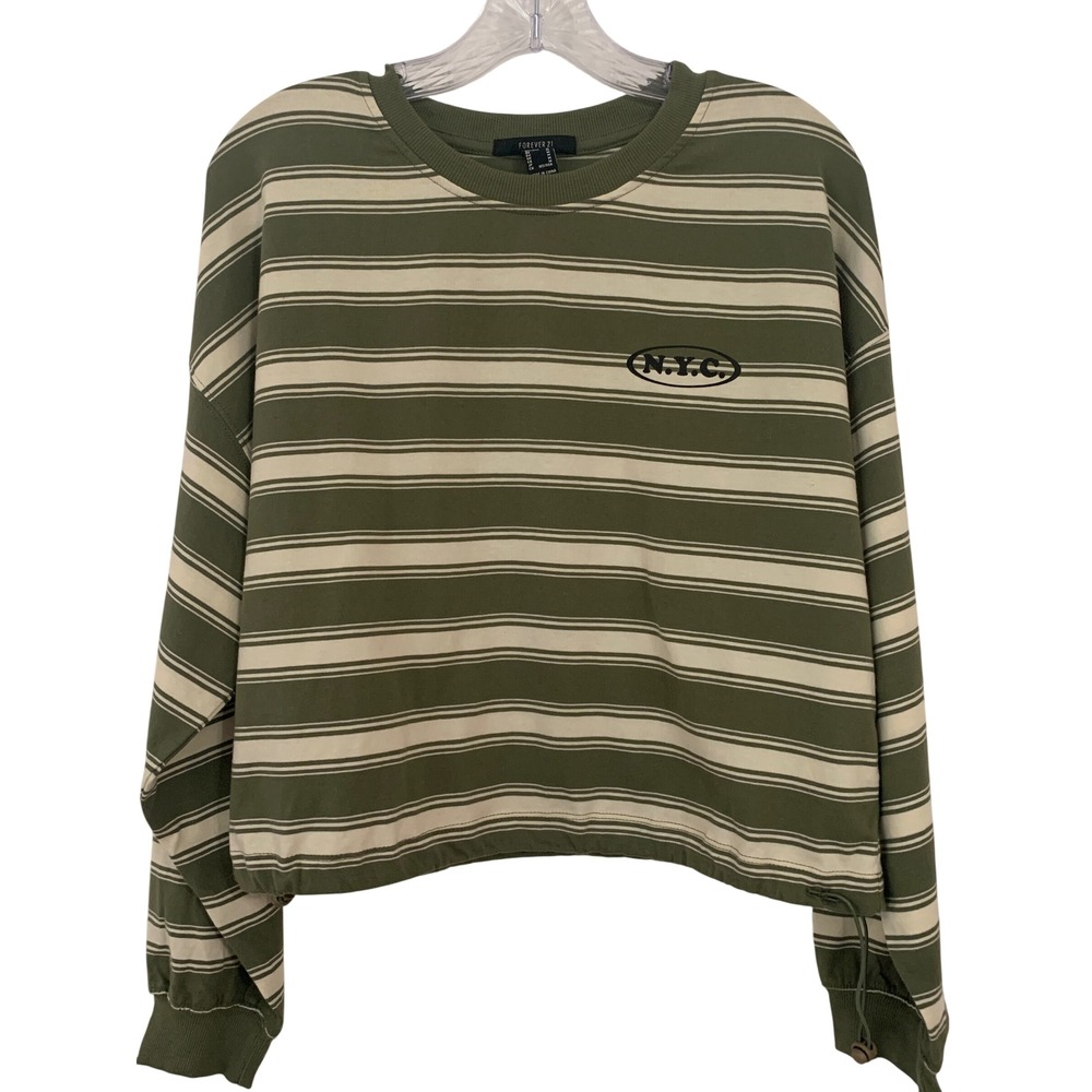 Forever 21 Womens Green Striped NYC Cropped Sweatshirt Bungee Hem Size Medium